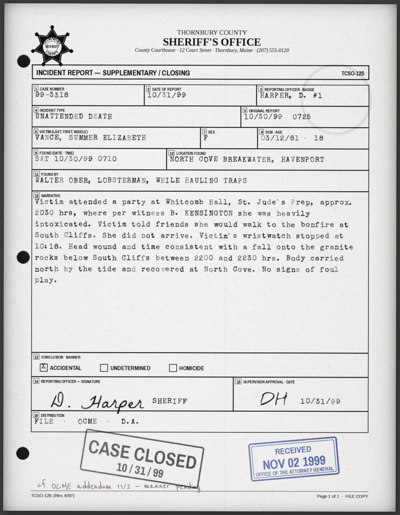 Original fictional sheriff’s report from the Havenport case